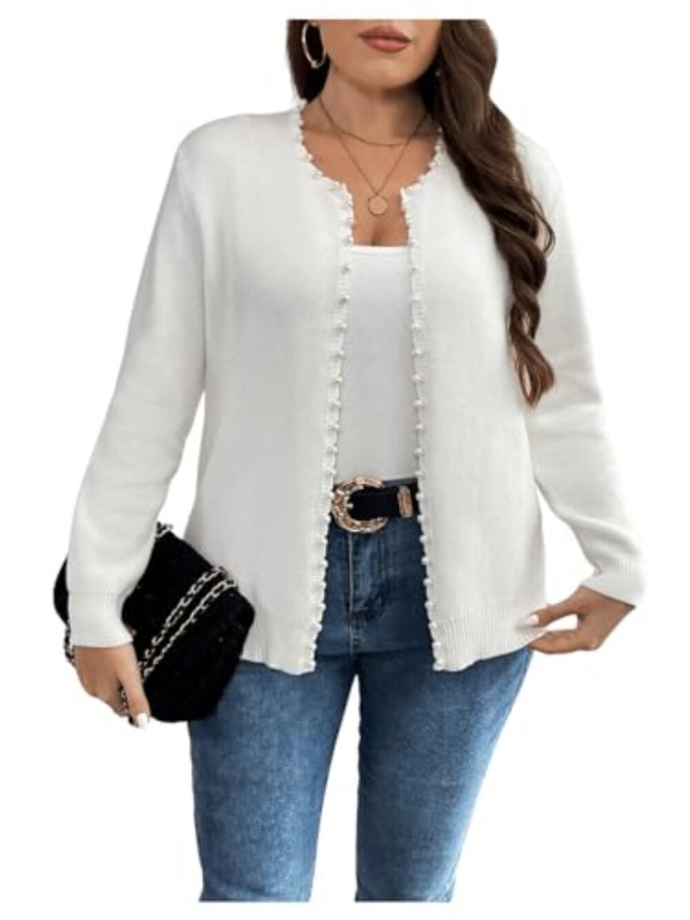 Plus Size Pearls Beaded Open Front Cardigan Long Sleeve Sweater